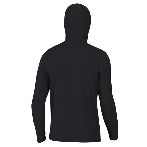 back view of a black huk fishing mens rover rain jacket on a white background