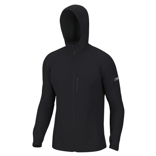 front view of a black huk fishing mens rover rain jacket on a white background
