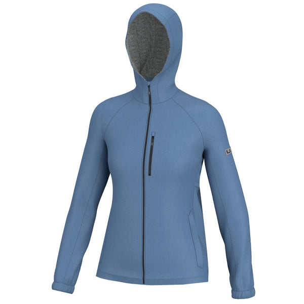 front view of a quiet harbor blue huk fishing womens rover rain jacket on a white background