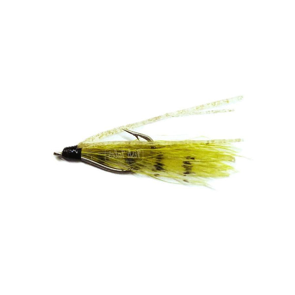 The Creeper, an unweighted bonefish fly with olive green wing and pearl sili legs, designed for targeting bonefish in grassy flats.