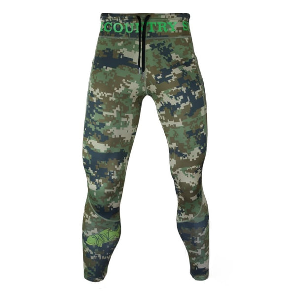 Green camo Backcountry Skinz Airblitz Neoprene Wet Wading Pants with black drawstring and green waistband, on a white background.