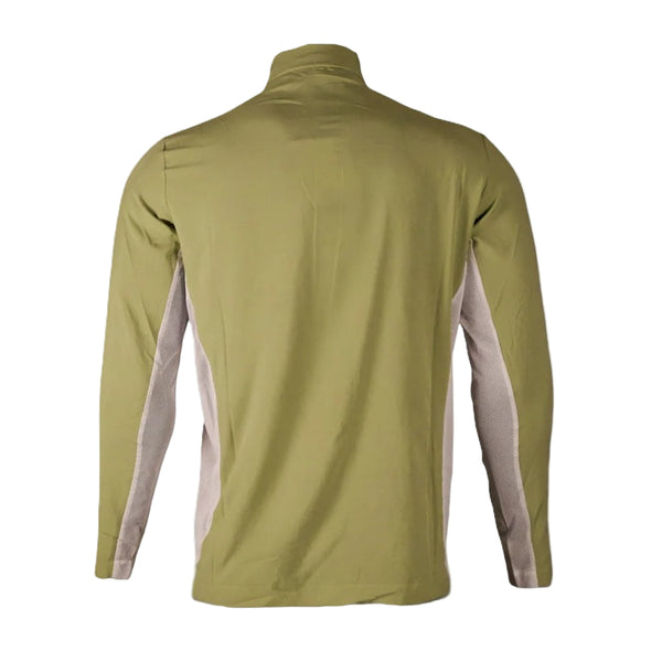 Olive green long-sleeve Backcountry Skinz Men's Aerodrift fromt back showing white side venting panels, on a white background.