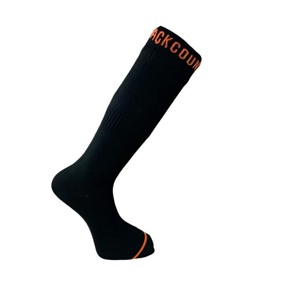 Black with orange logo Backcountry Skinz Waterproof Knee High Socks on a white background.