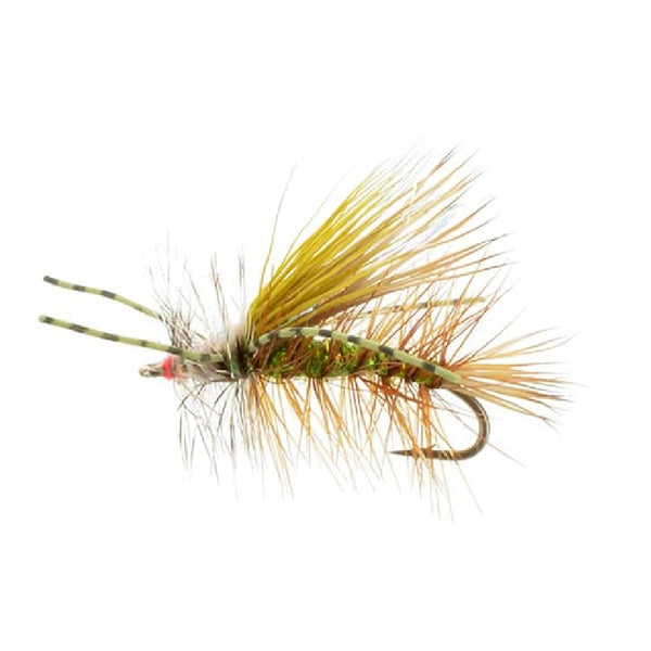 Rubber leg crystal stimulator dry fly  with sparkly olive body and natural wing and hackle on a white background.