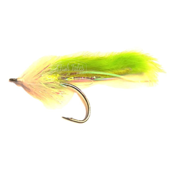 An unweighted chartreuse and pearl Pike Bunny Fly featuring a chartreuse magnum rabbit strip body accented with pearl lateral scale, a pearl brushed collar, and tied on a Gamakatsu B10s hook over a white background.