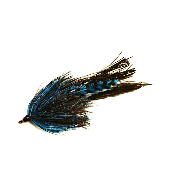 An unweighted blue and black Pike Schlapper Fly featuring a barred blue and black saddle hackle tail accented with black flash, a black and blue brushed schlappen collar, and tied on a Gamakatsu B10s hook over a white background.
