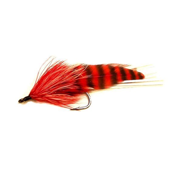 An unweighted red and white Pike Schlapper Fly featuring a barred red and black saddle hackle tail accented with white flash and hackle, a white and red brushed schlappen collar, and tied on a Gamakatsu B10s hook over a white background.