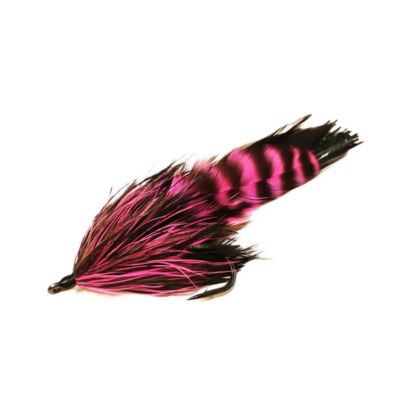 An unweighted pink and black Pike Schlapper Fly featuring a barred pink and black saddle hackle tail accented with black flash, a black and pink brushed schlappen collar, and tied on a Gamakatsu B10s hook over a white background.