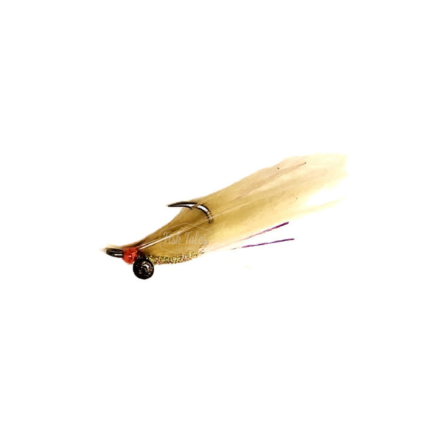 A Polar Fiber Gotcha saltwater flats fly with a tan body and wing, pink accents, and dark heavy eyes on a white background.