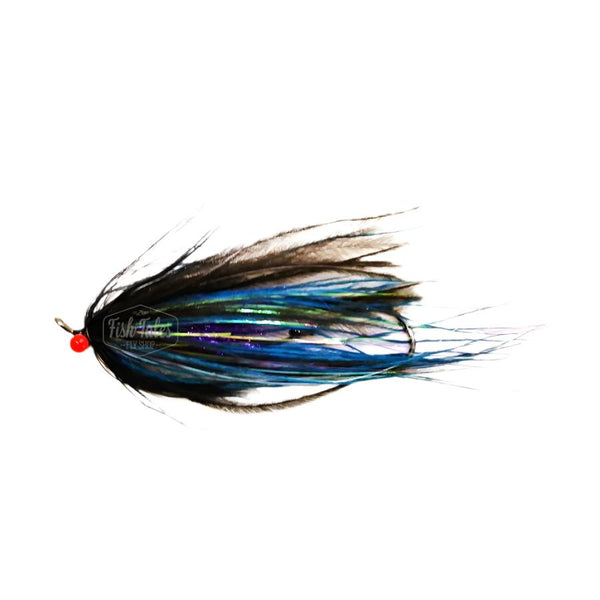 DZ Flies seducer steelhead intruder style fly in black, blue and purple with orange barbell eyes on a white background.