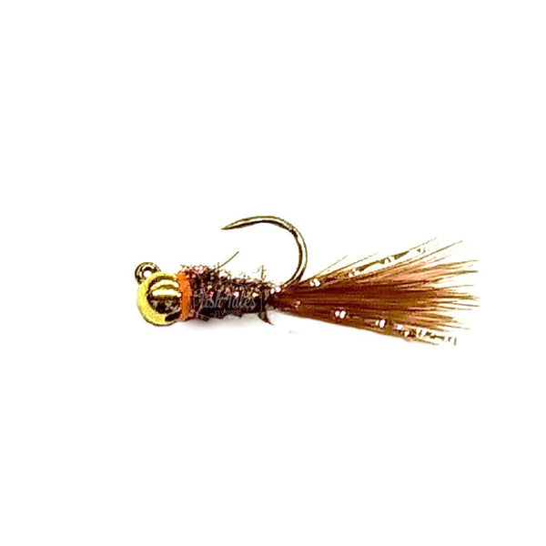DT Flies Thai leech jig streamer in brown with a gold bead on a white background.