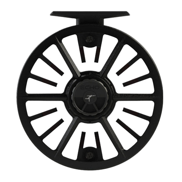 Black Echo Bravo Fly Fishing Reel showing the drag knob side, on a white background.