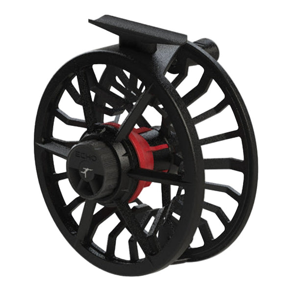 Angled view of the Black Echo Bravo Fly Fishing Reel showing the drag knob side, on a white background.