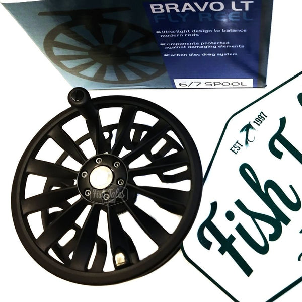Replacement spools with box for the Black Echo Bravo Fly Fishing Reel. on a white background.