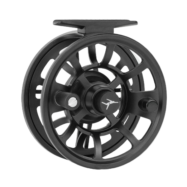 Black Echo Ion Fly Fishing Reel showing the handle and the large arbor spool on a white background.