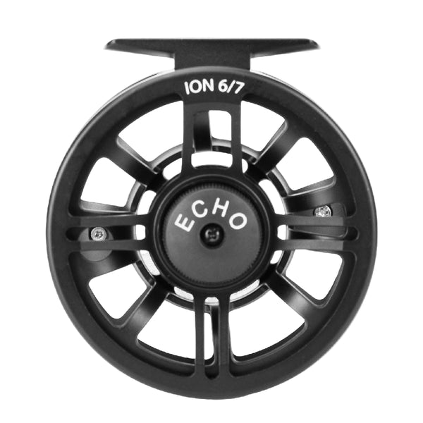 Black Echo Ion Fly Fishing Reel showing the drag knob and the large arbor spool on a white background.