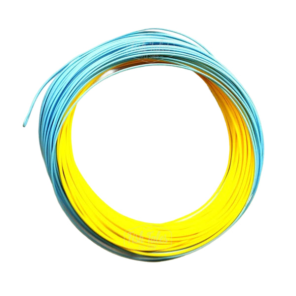A coil of Echo Boost Series Fly Line in blue and yellow on a white background.