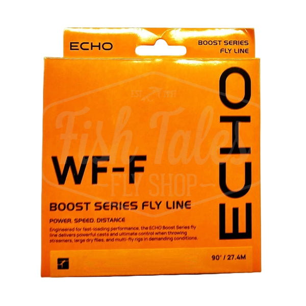 Echo Boost Series Fly Line box in orange and black on a white background.
