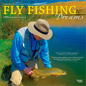 2026 Fly Fishing Dreams calendar cover with a person holding a brown trout by a lake.