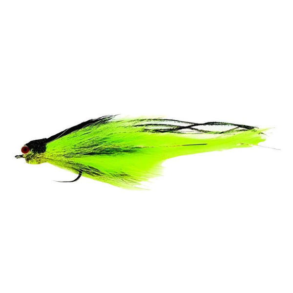 side view of the chartreuse and black fulling mill flies andino deceiver saltwater streamer on a white background
