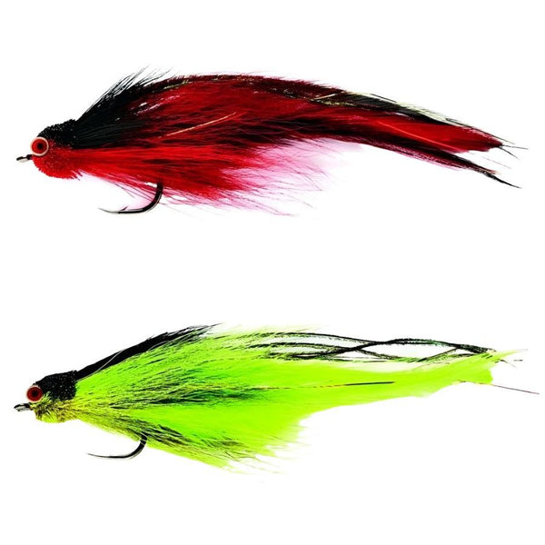 two color options of the fulling mill flies andino deceiver saltwater streamers shown in side view on a white background
