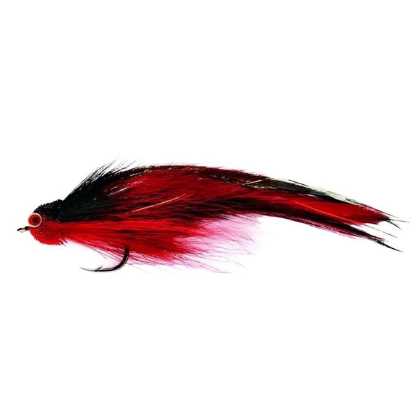 side view of the red and black fulling mill flies andino deceiver saltwater streamer on a white background