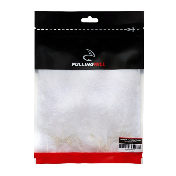 Packaging of Fulling Mill Premium Marabou Blood Quill Feathers with visible white feathers through the clear plastic.