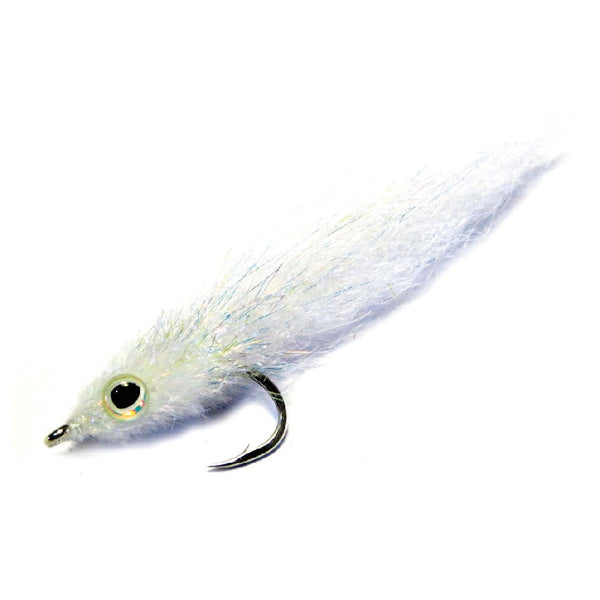 A single Just Add H2O 3D Finger Mullet saltwater flats fly in white, on a white background.