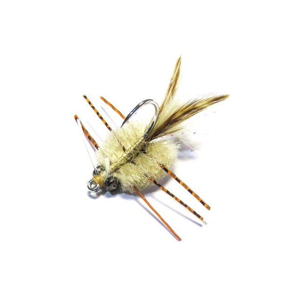 A single Just Add H2O Merkin Crab saltwater flats fly in shrimp, on a white background.