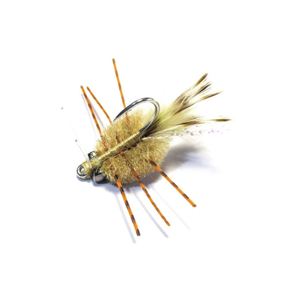 A single Just Add H2O Merkin Crab saltwater flats fly in tan, on a white background.