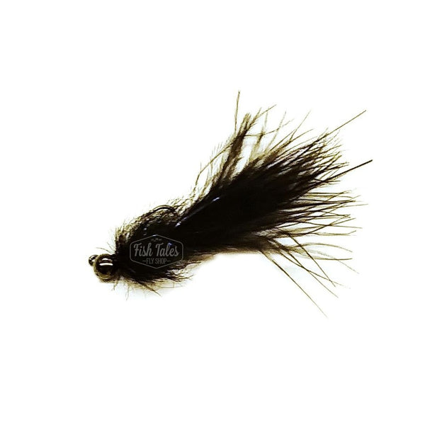 A black Hai's Jig Leech Bomb with a heavy bead head and marabou tail on a white background.