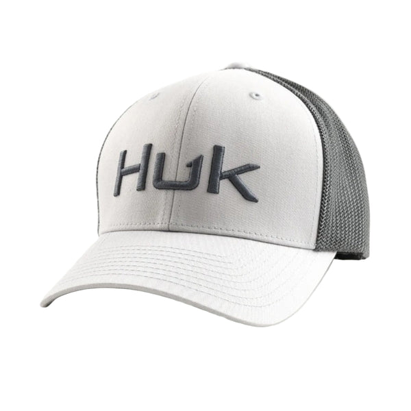 Gray and white trucker hat with 'HUK' logo on a white background.