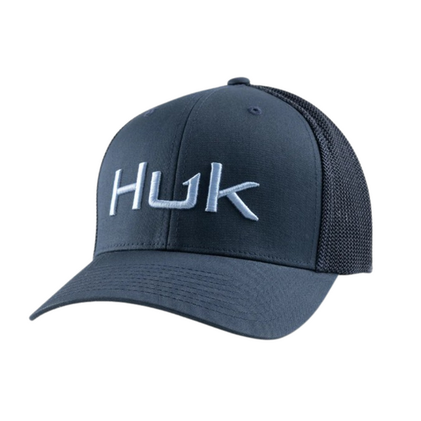 Navy and blue trucker hat with 'HUK' logo on a white background.