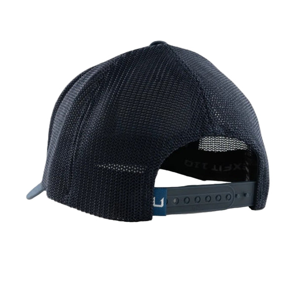Back of the navy blue Huk Embroidered 110 trucker hat on a white background.
