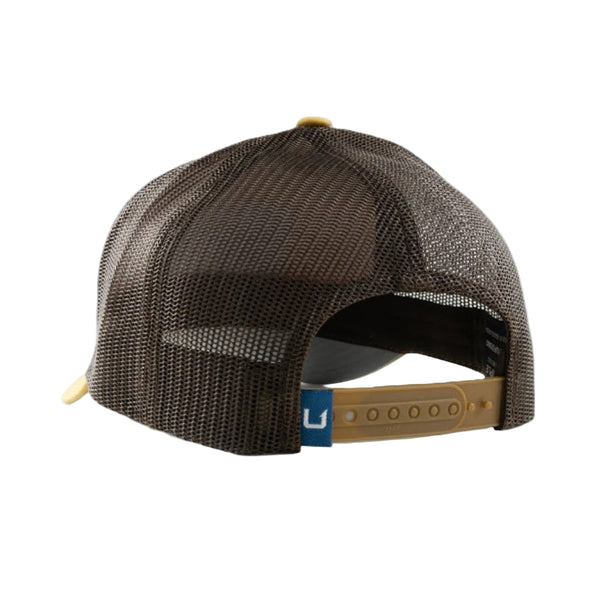 Back view of a Huk Lab Patch Trucker Hat on a white background.