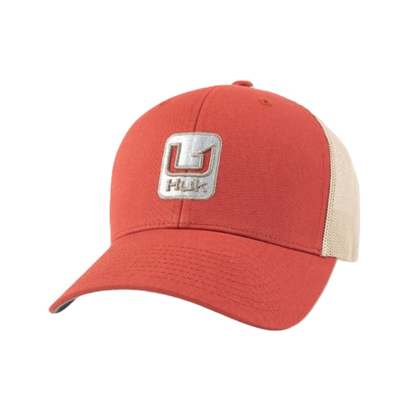 Huk Washed Red Trucker Hat with beige mesh back and stacked U logo on a white background.