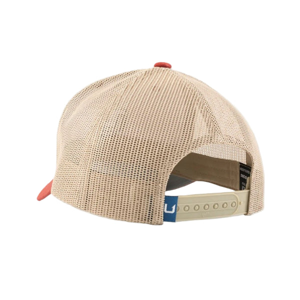 Huk Washed Red Trucker Hat showing beige mesh back and snap back on a white background.