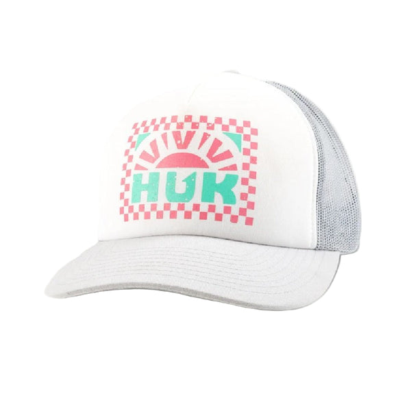 White Huk Women's Foam Trucker Hat with pink and green checkered Huk logo on a white background.