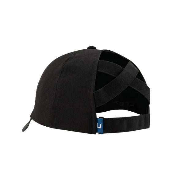 Black Huk Women's Pony Tail Hat showing the back designed to accommodate ponytails on a white background.