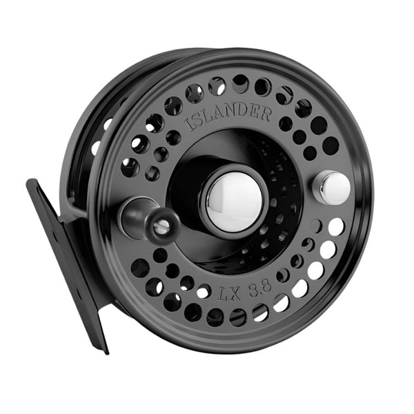 Black Islander LX fly fishing reel on a white background.