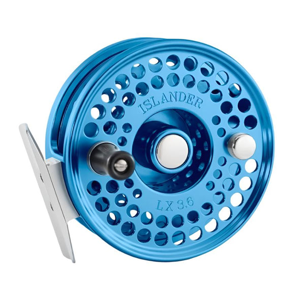 Blue Islander LX fly fishing reel on a white background.