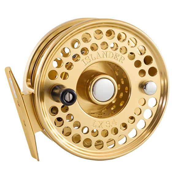 Gold Islander LX fly fishing reel on a white background.