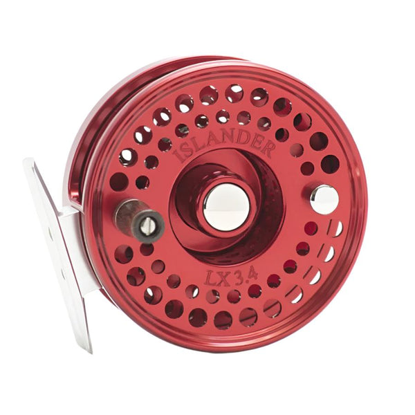 Red Islander LX fly fishing reel on a white background.