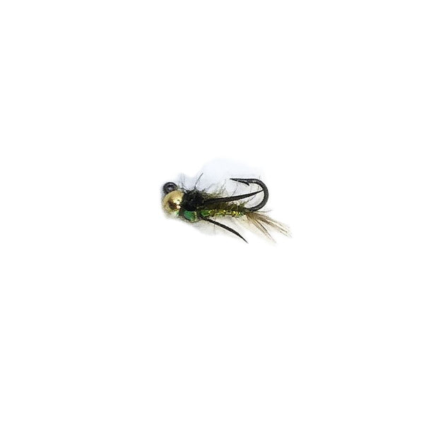 A jig style Evil Weevil Nymph fly with olive colored materials, a large gold bead head and jig hook on a white background.