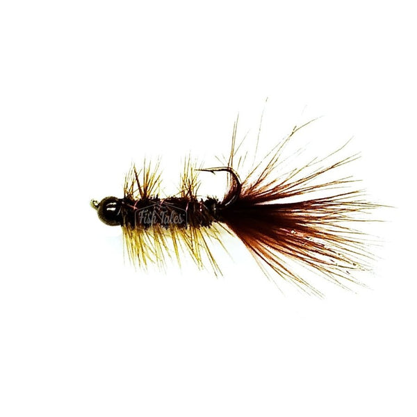 A Peacock Bugger leech streamer fly tied with brown and peacock materials and a large black nickel bead head, on a white background.