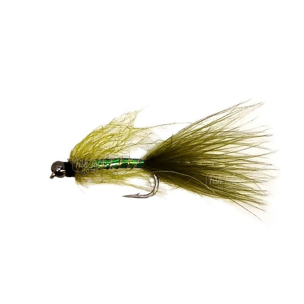 A Simi Minnow Streamer fly in olive on a white background.
