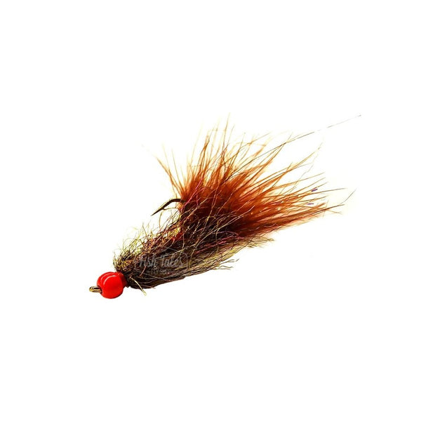 A firetiger Simi Seal Leech streamer with a multicolored dubbing body, rusty brown marabou tail, and hot orange bead head on a white background.