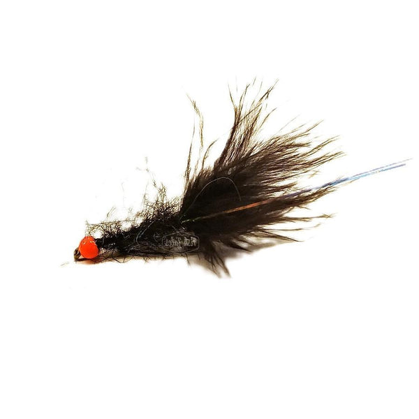 JT Flies Simi Seal Leech Streamer in black with an orange bead, on a white background.