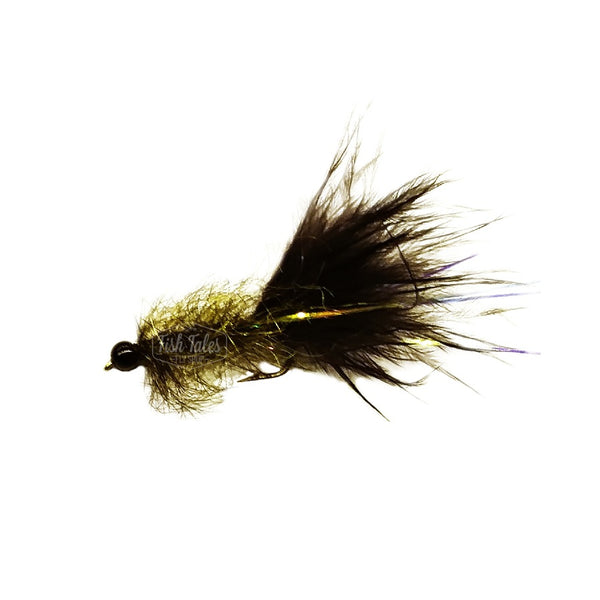 JT Flies Simi Seal Leech Streamer in black and peacock, on a white background.