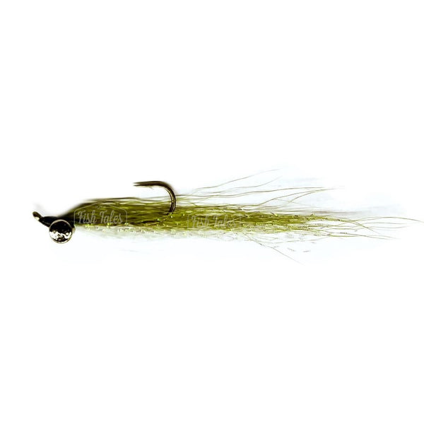 A Clouser Minnow Streamer fly in olive and white with silver barbell eyes on a white background.